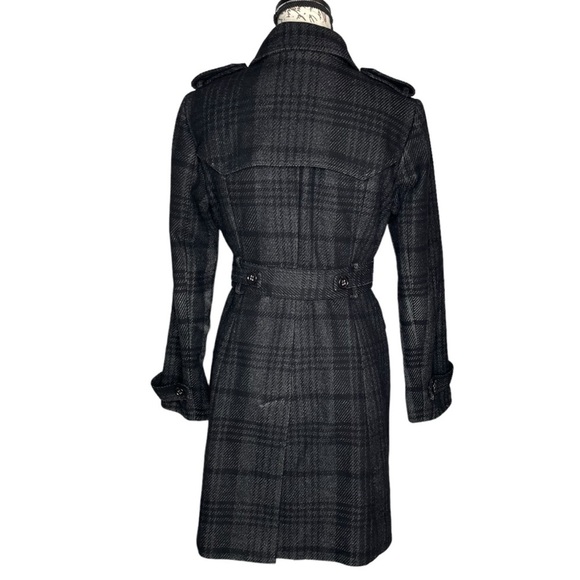 Banana Republic Trench Coat wool Italian fabric check plaid black gray small P - Picture 2 of 5